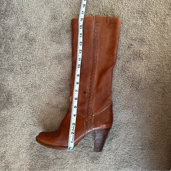 1970s Vintage Cognac Leather Tall Boots Stacked Heel Zip Size 7B - Picture 7 of 11